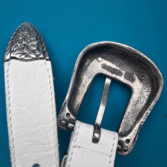 Women\'s White Floral-Embossed Belt with Ornate Silver Buckle main image 7